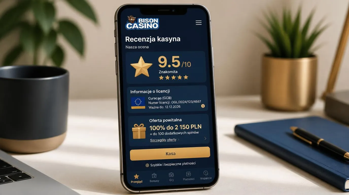 Ekran telefonu z oceną kasyna, informacją o licencji Curaçao i przyciskiem przejścia do kasy