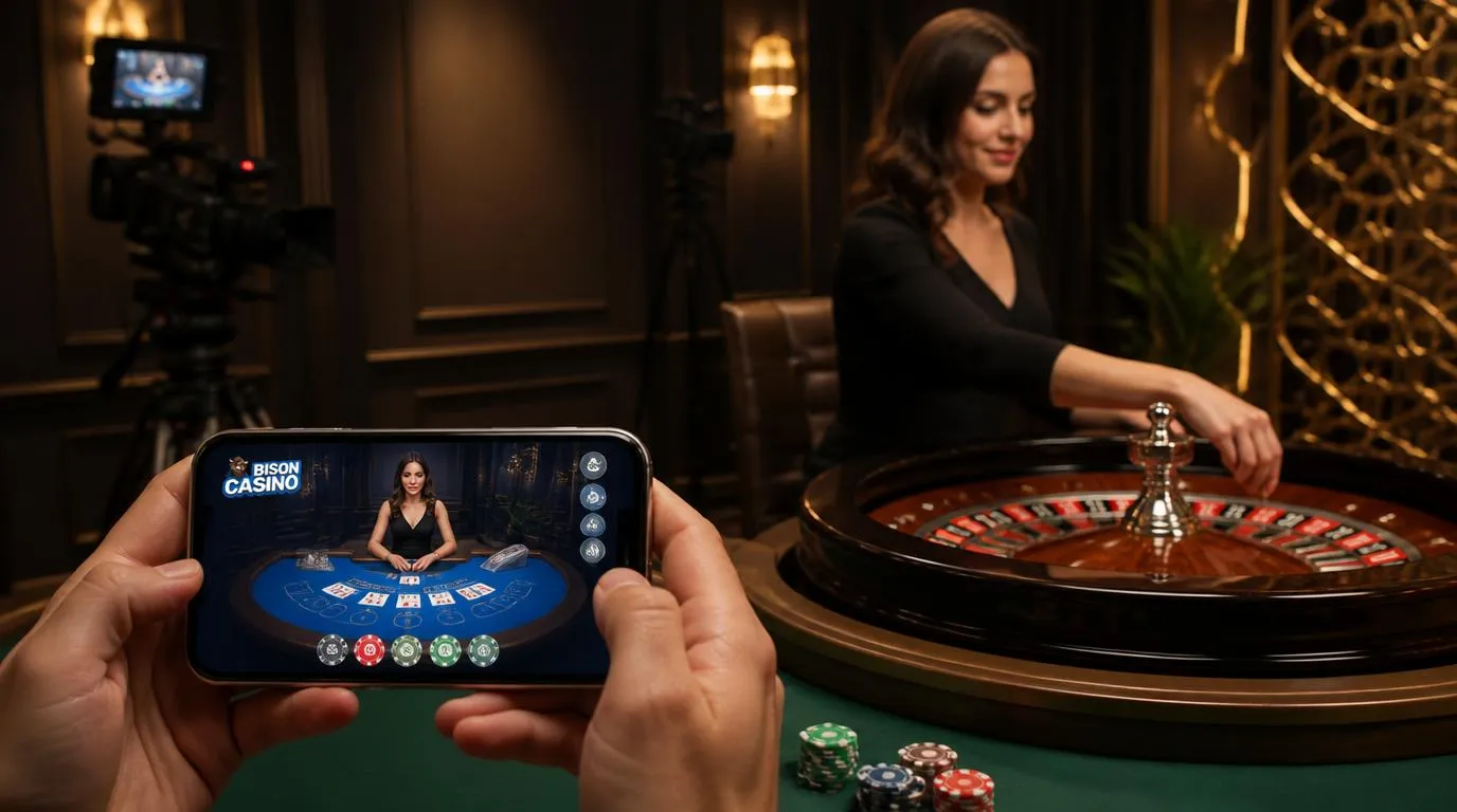Krupier przy stole ruletki w studiu kasyna na żywo, obok ekran z transmisją blackjacka