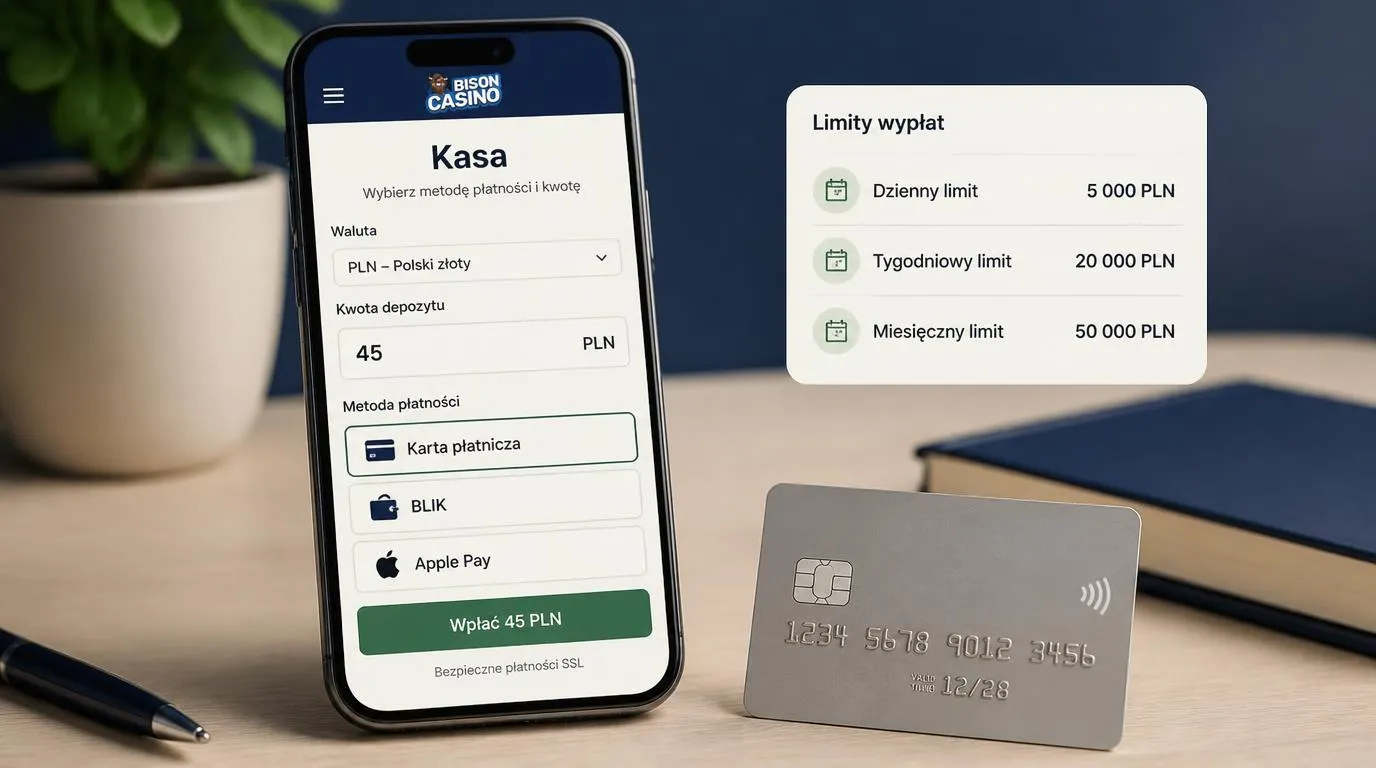Widok kasy na telefonie z wyborem PLN, metodami płatności i podsumowaniem limitów wypłat